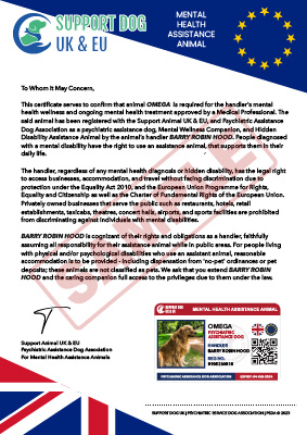 Psychiatric Assistance Dog Certificate